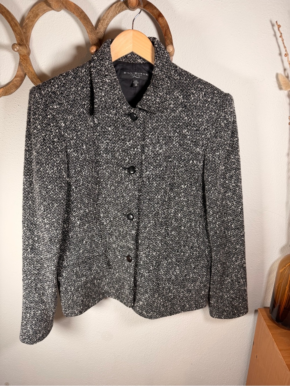 Vintage 90s Made in USA Bouclé Tweed Blazer Black Ivory Size 14